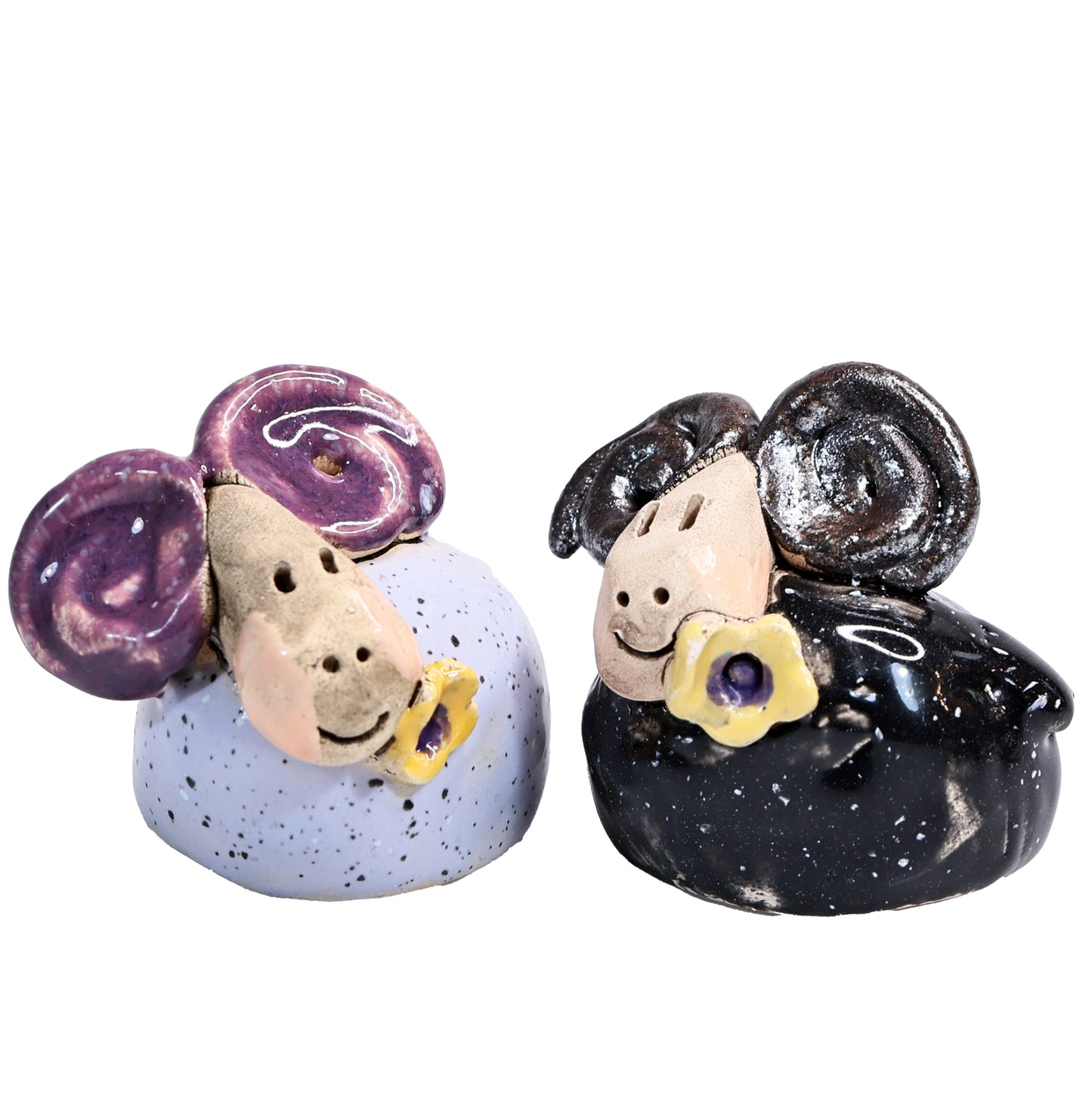Handmade Ceramic Ram Couple with Horns & Flowers in Black & Lilac