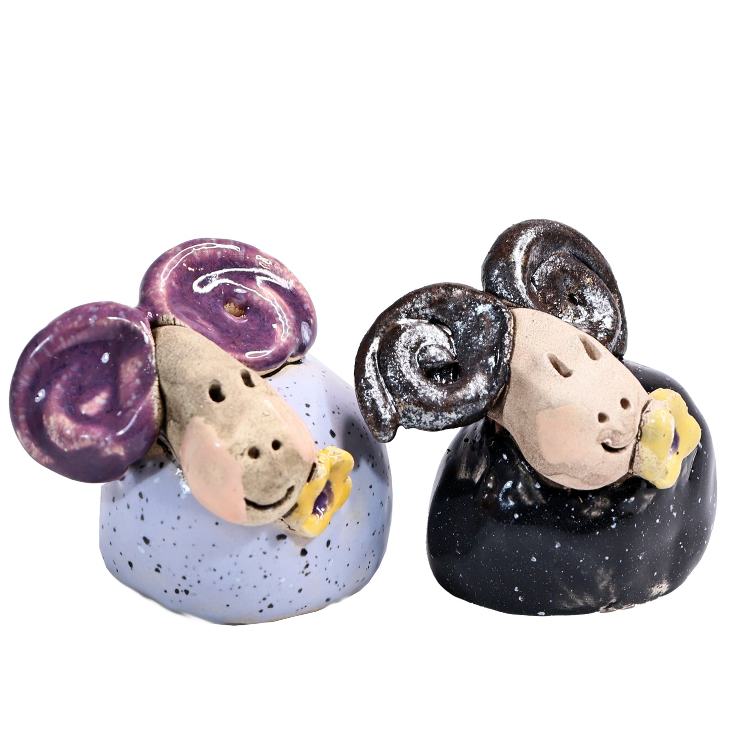 Handmade Ceramic Ram Couple with Horns & Flowers in Black & Lilac