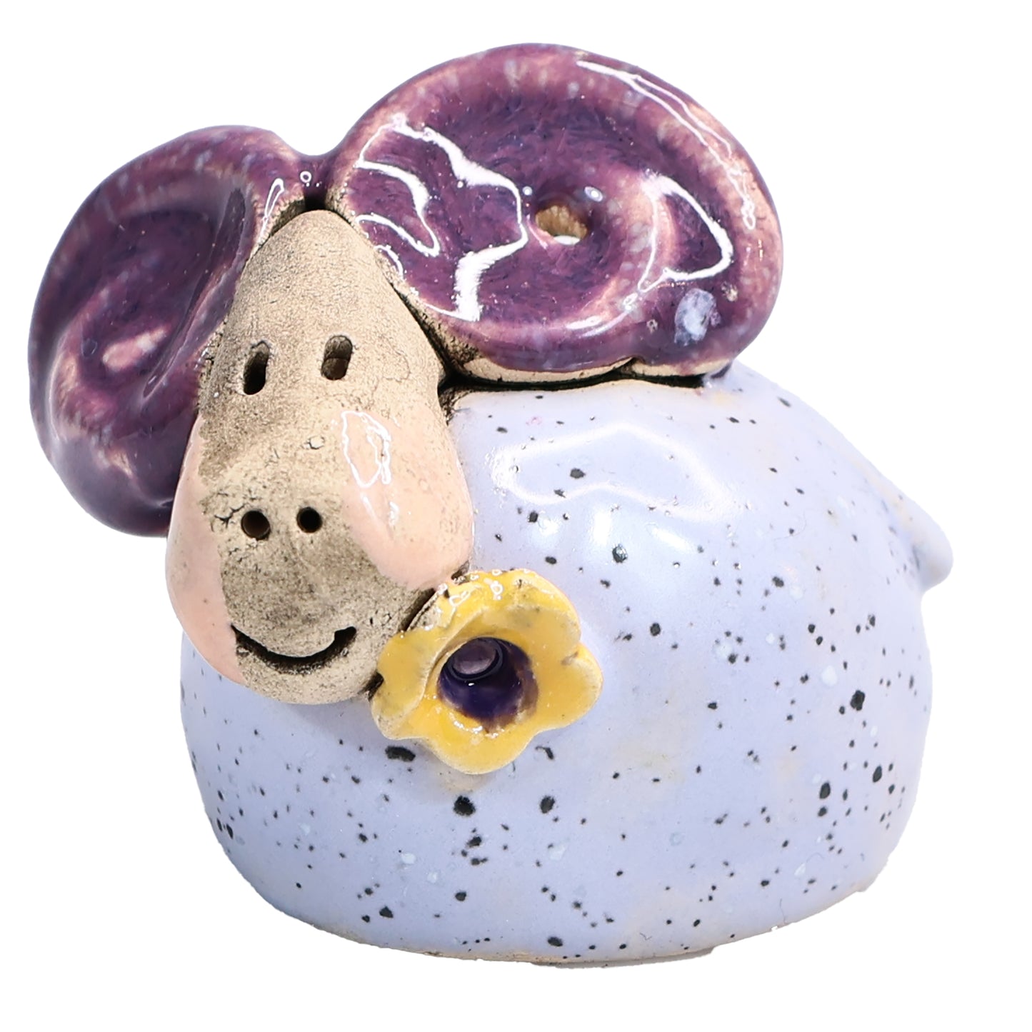 Handmade Ceramic Ram Couple with Horns & Flowers in Black & Lilac