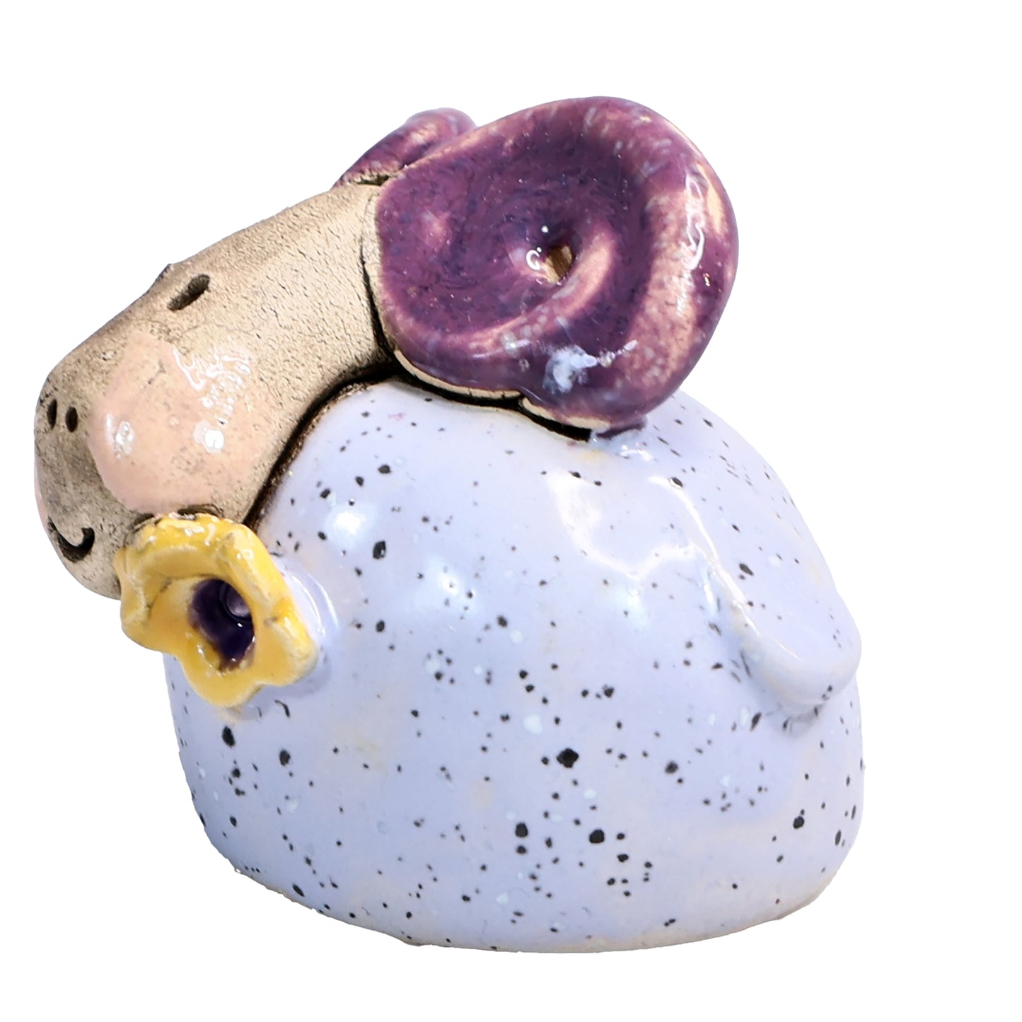 Handmade Ceramic Ram Couple with Horns & Flowers in Black & Lilac
