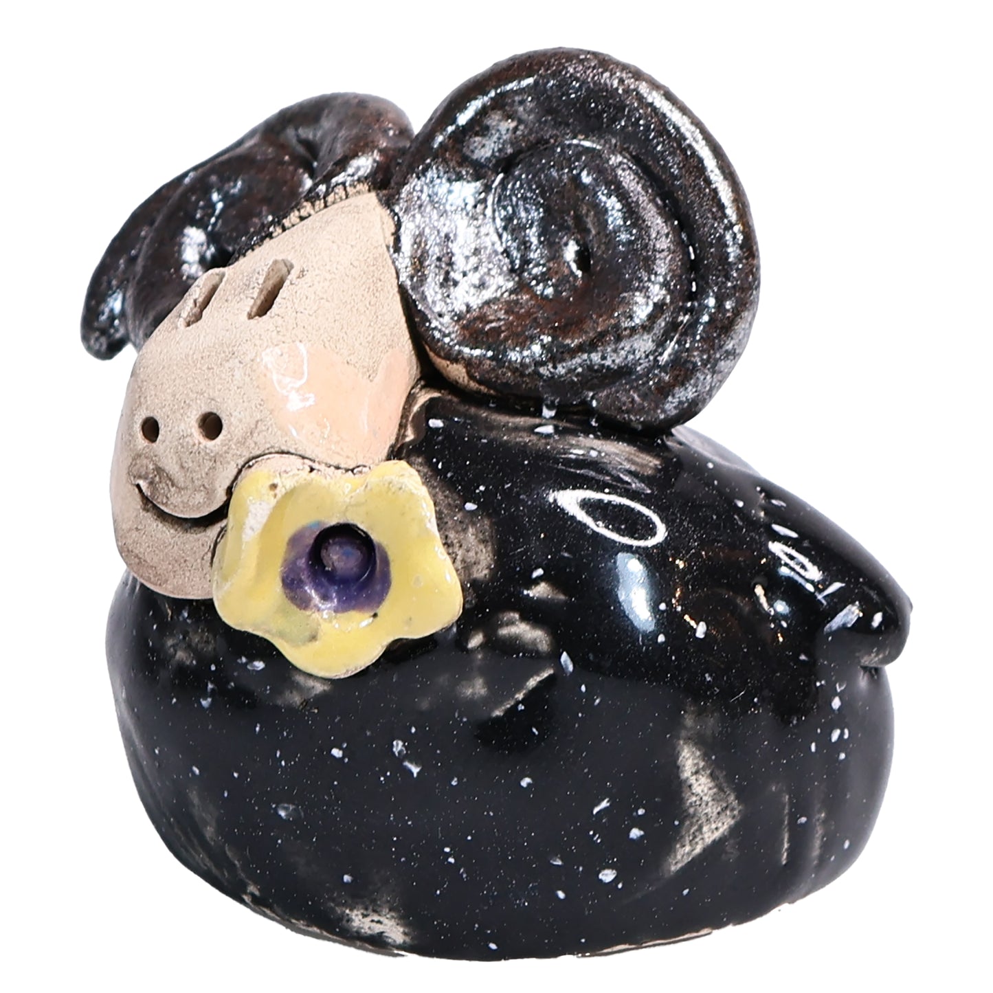 Handmade Ceramic Ram Couple with Horns & Flowers in Black & Lilac
