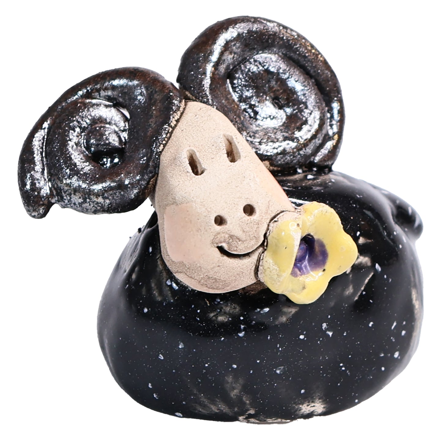 Handmade Ceramic Ram Couple with Horns & Flowers in Black & Lilac
