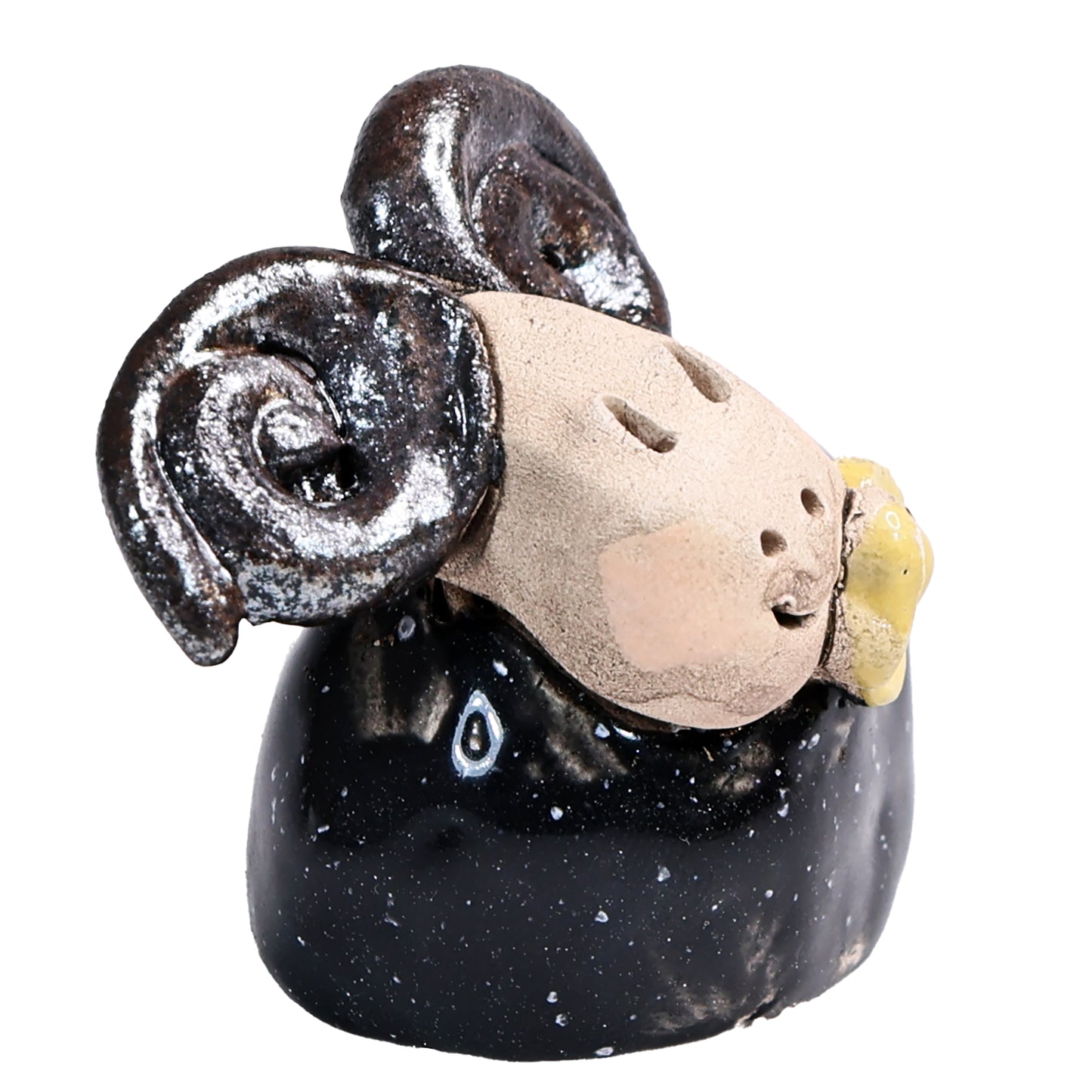 Handmade Ceramic Ram Couple with Horns & Flowers in Black & Lilac