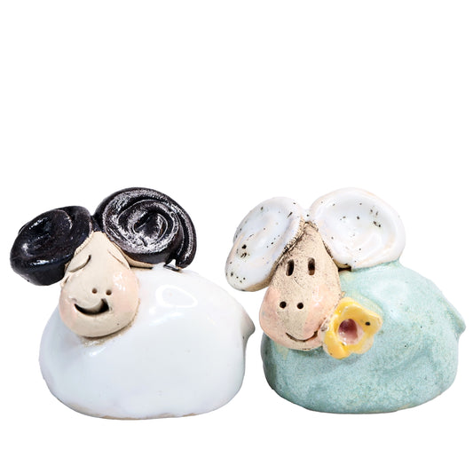 Handmade Ceramic Ram Couple in White & Turquoise