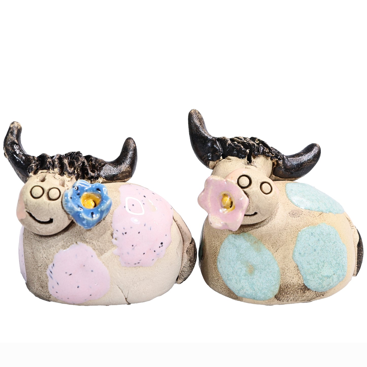 Handmade Ceramic Highland Cow Couple in Pink & Turquoise