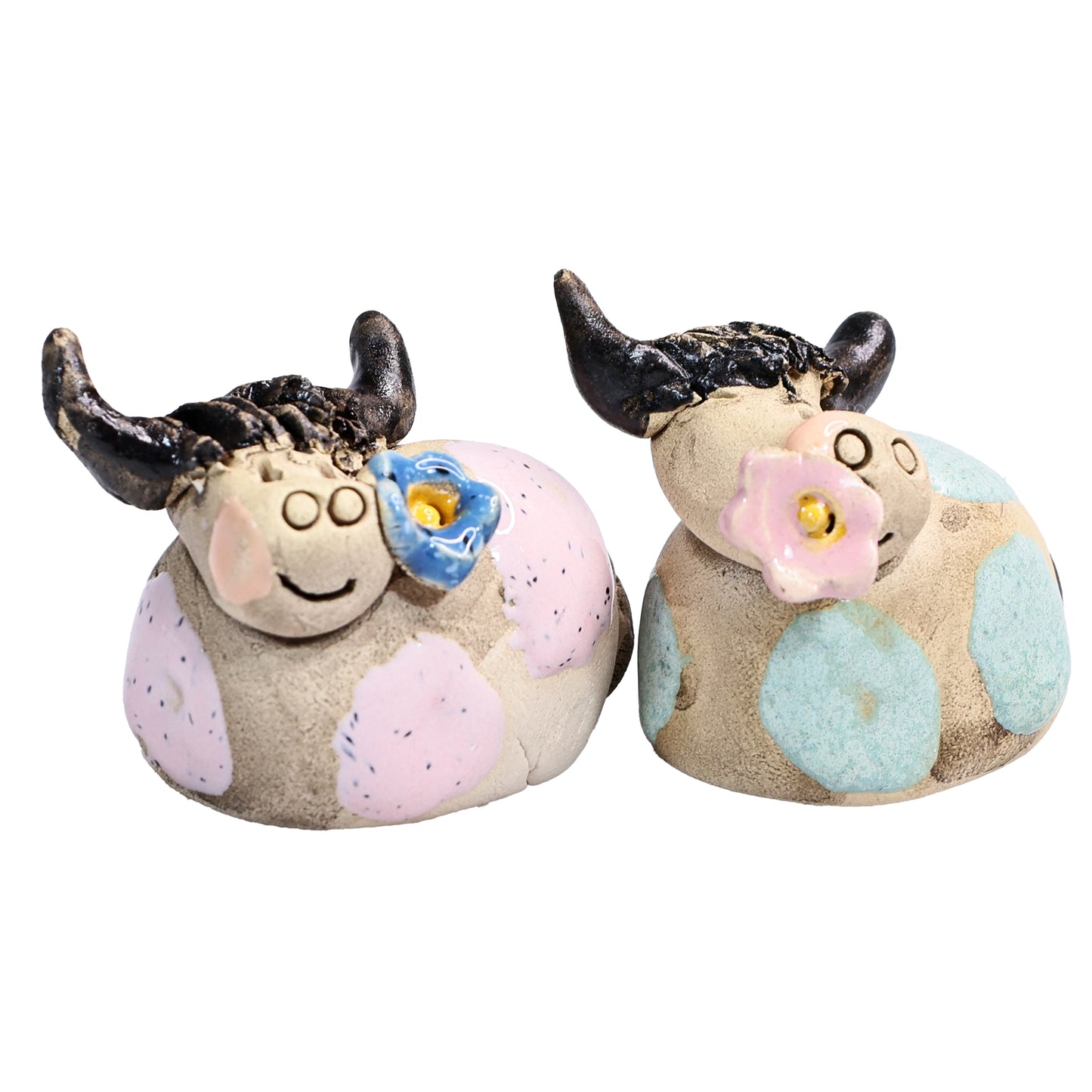 Handmade Ceramic Highland Cow Couple in Pink & Turquoise