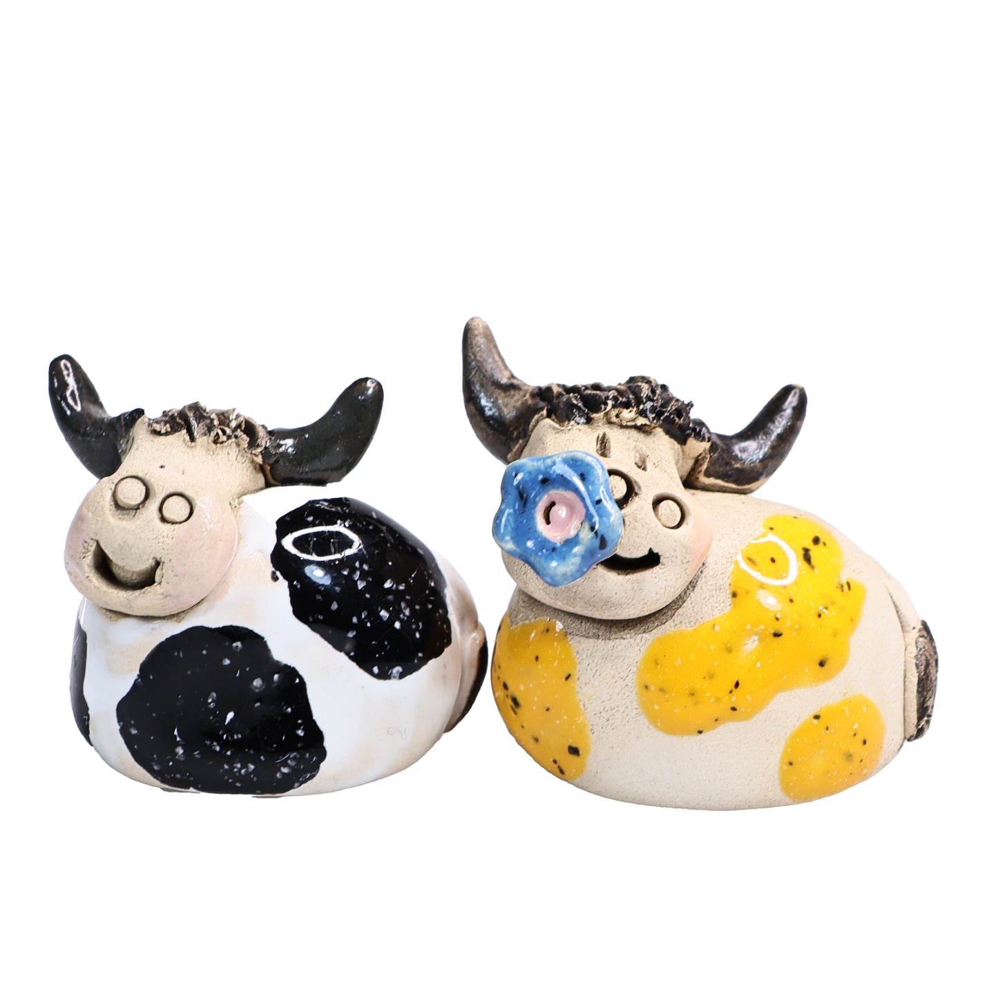 Handmade Ceramic Highland Cow Couple in Spotty Black & Spotty Yellow