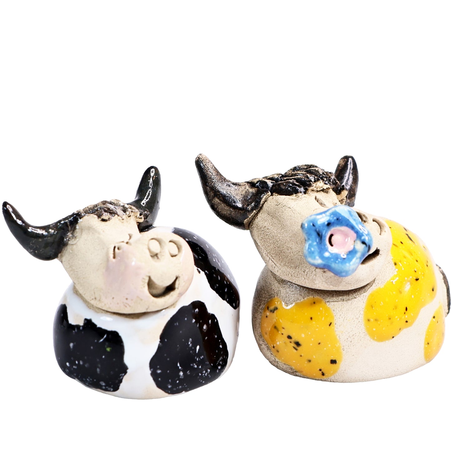 Handmade Ceramic Highland Cow Couple in Spotty Black & Spotty Yellow