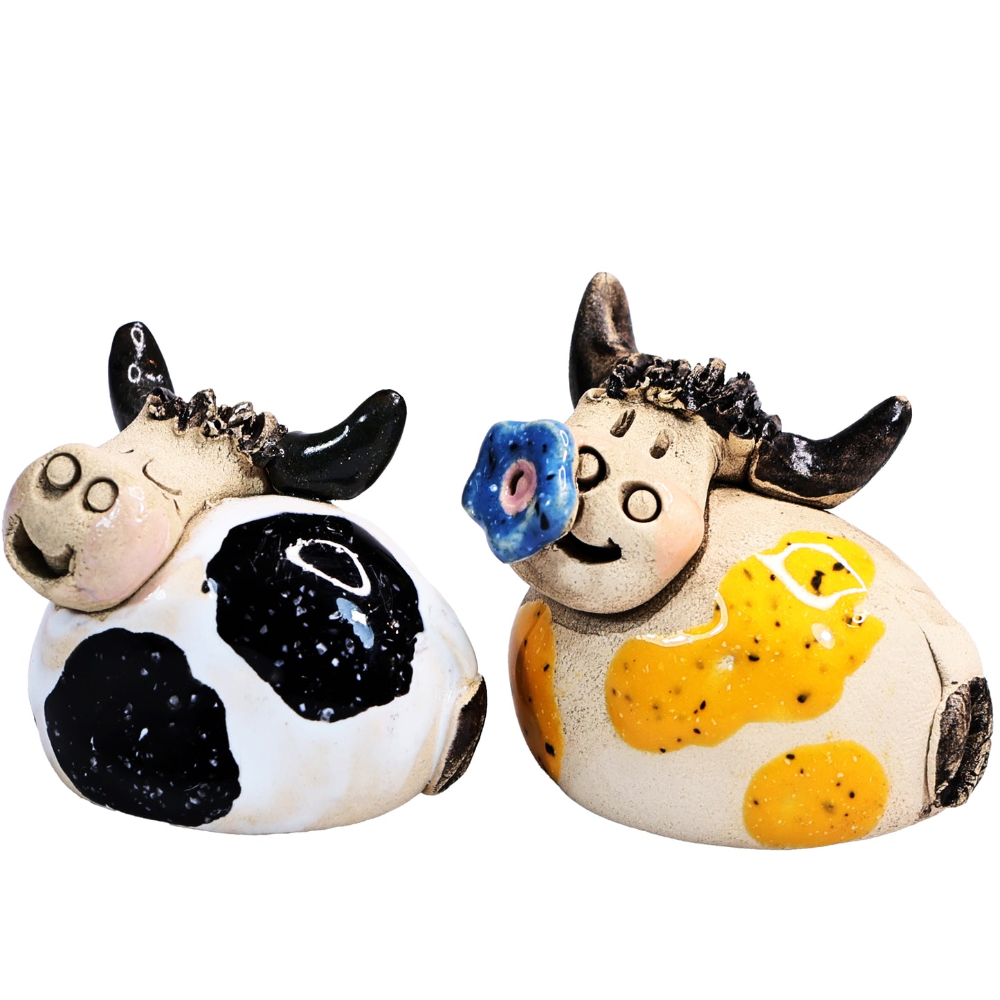 Handmade Ceramic Highland Cow Couple in Spotty Black & Spotty Yellow
