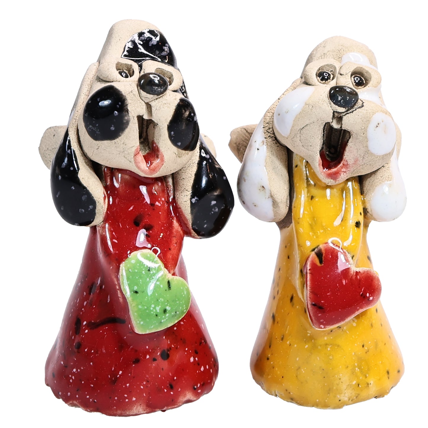 Handmade Ceramic Angel Dog Couple in Red & Yellow with Hearts