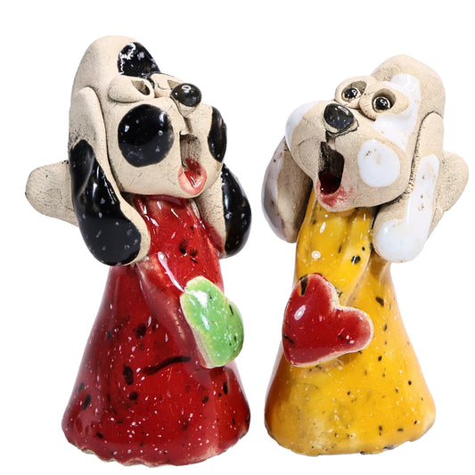 Handmade Ceramic Angel Dog Couple in Red & Yellow with Hearts
