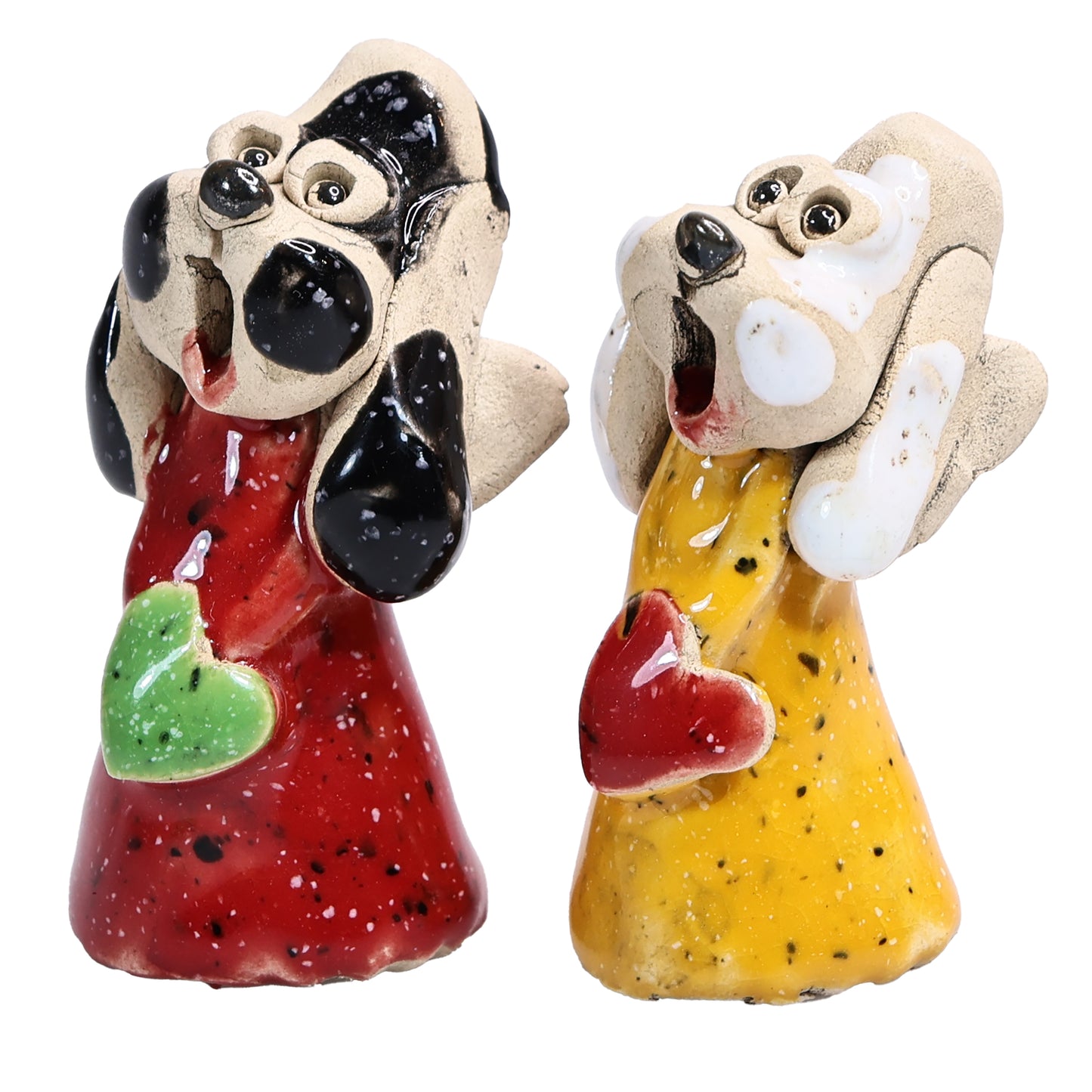 Handmade Ceramic Angel Dog Couple in Red & Yellow with Hearts