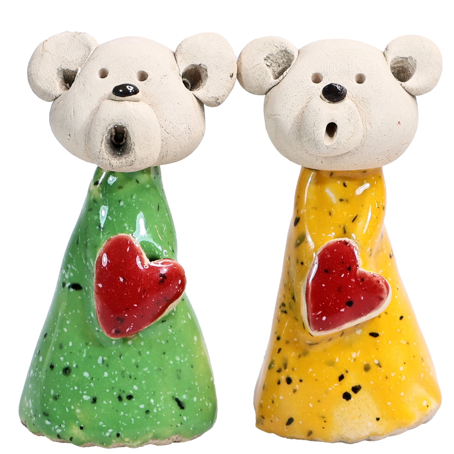 Handmade Ceramic Teddy Bear Couple in Green & Yellow with Red Hearts