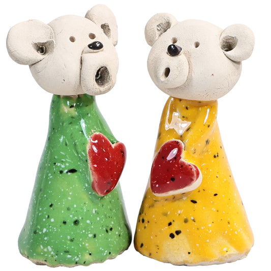Handmade Ceramic Teddy Bear Couple in Green & Yellow with Red Hearts