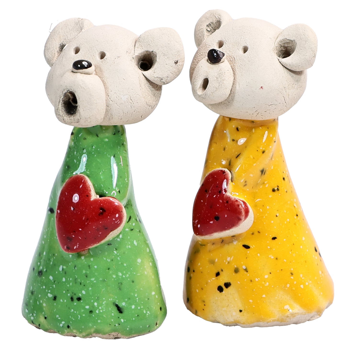 Handmade Ceramic Teddy Bear Couple in Green & Yellow with Red Hearts