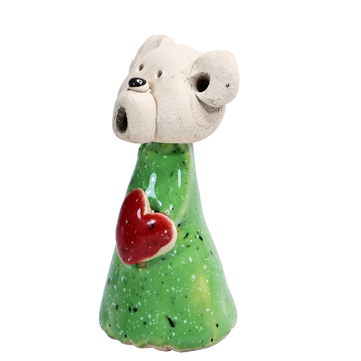 Handmade Ceramic Teddy Bear Couple in Green & Yellow with Red Hearts