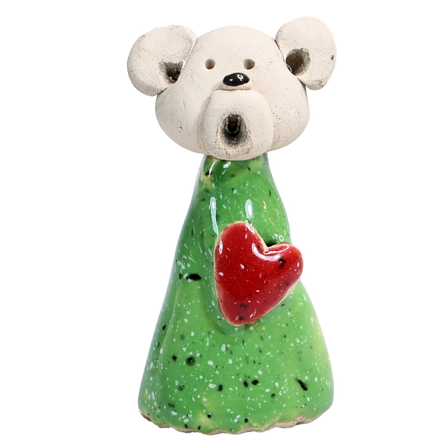 Handmade Ceramic Teddy Bear Couple in Green & Yellow with Red Hearts