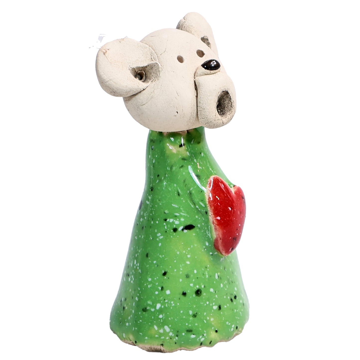 Handmade Ceramic Teddy Bear Couple in Green & Yellow with Red Hearts