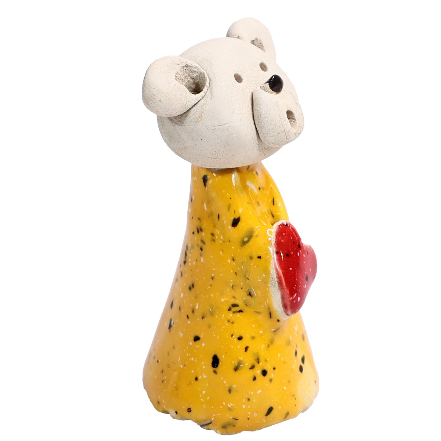 Handmade Ceramic Teddy Bear Couple in Green & Yellow with Red Hearts
