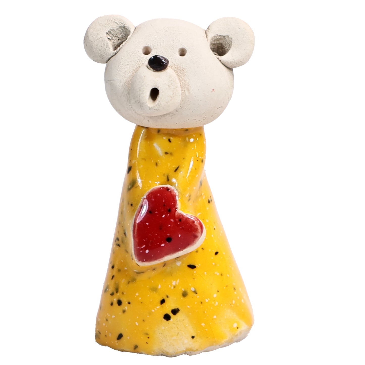 Handmade Ceramic Teddy Bear Couple in Green & Yellow with Red Hearts