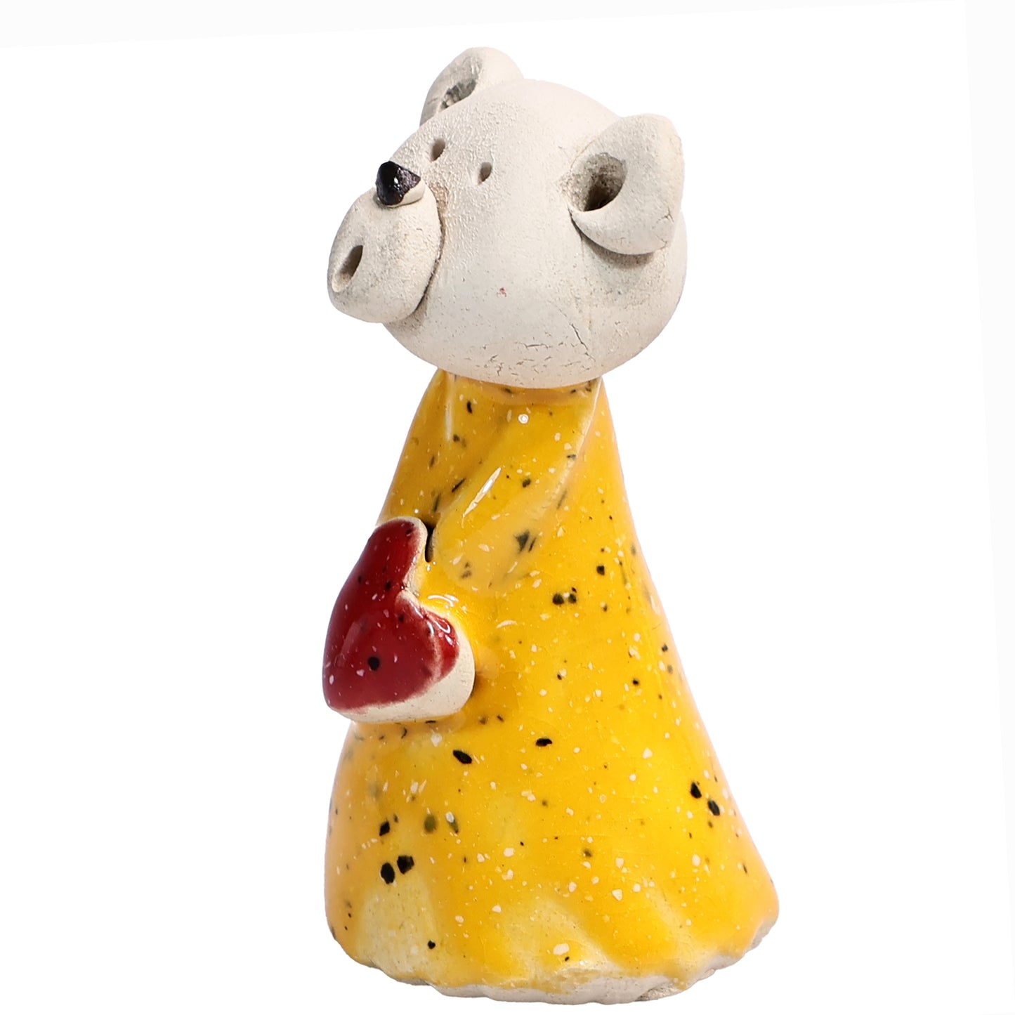 Handmade Ceramic Teddy Bear Couple in Green & Yellow with Red Hearts