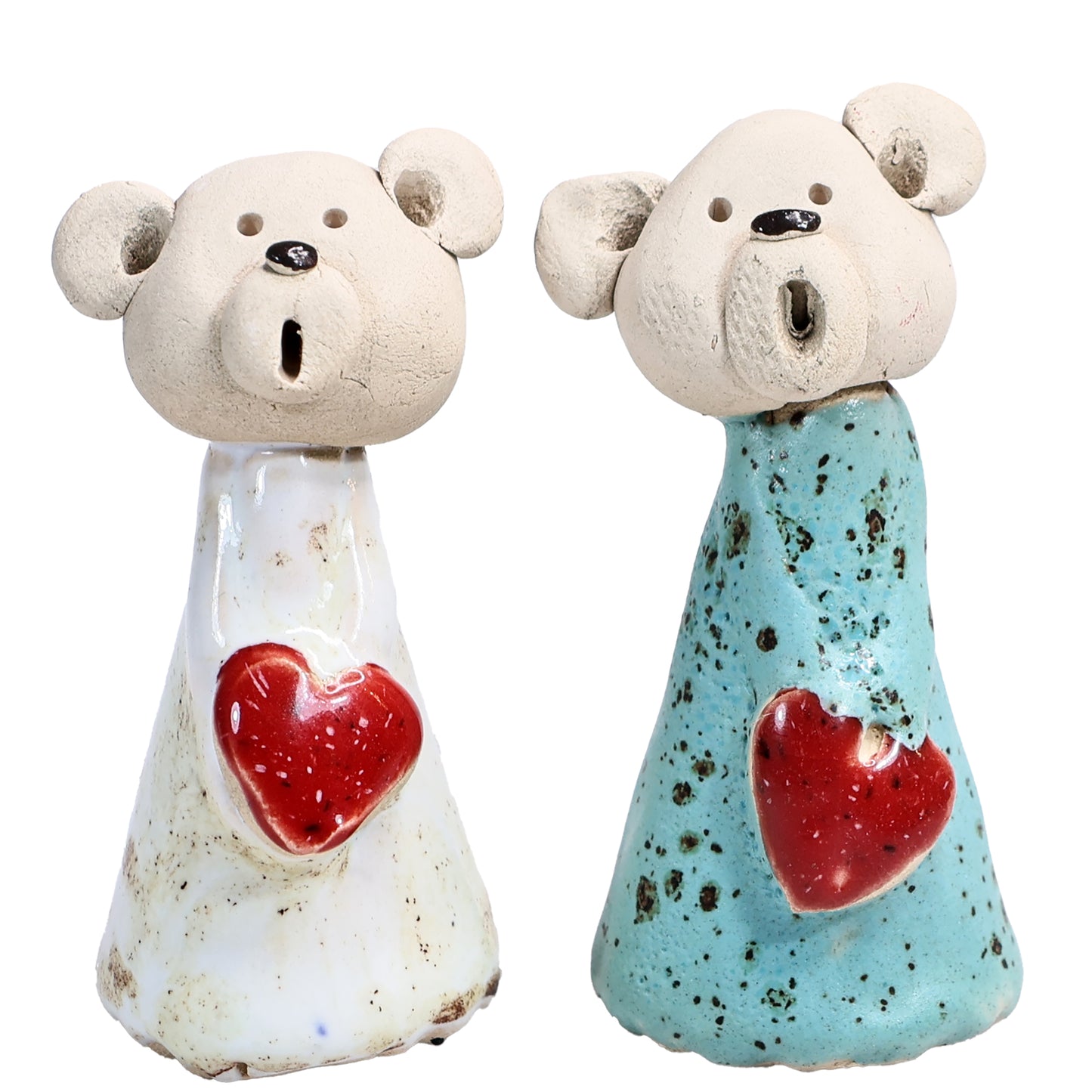 Handmade Ceramic Teddy Bear Couple in White & Turquoise with Red Hearts