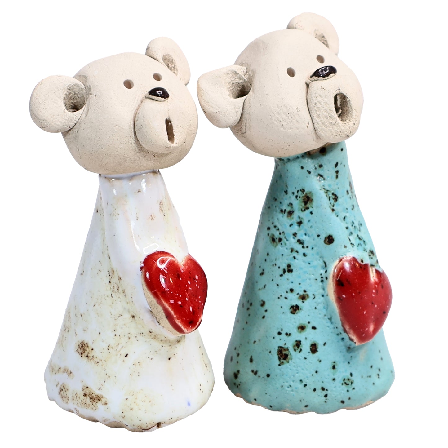 Handmade Ceramic Teddy Bear Couple in White & Turquoise with Red Hearts