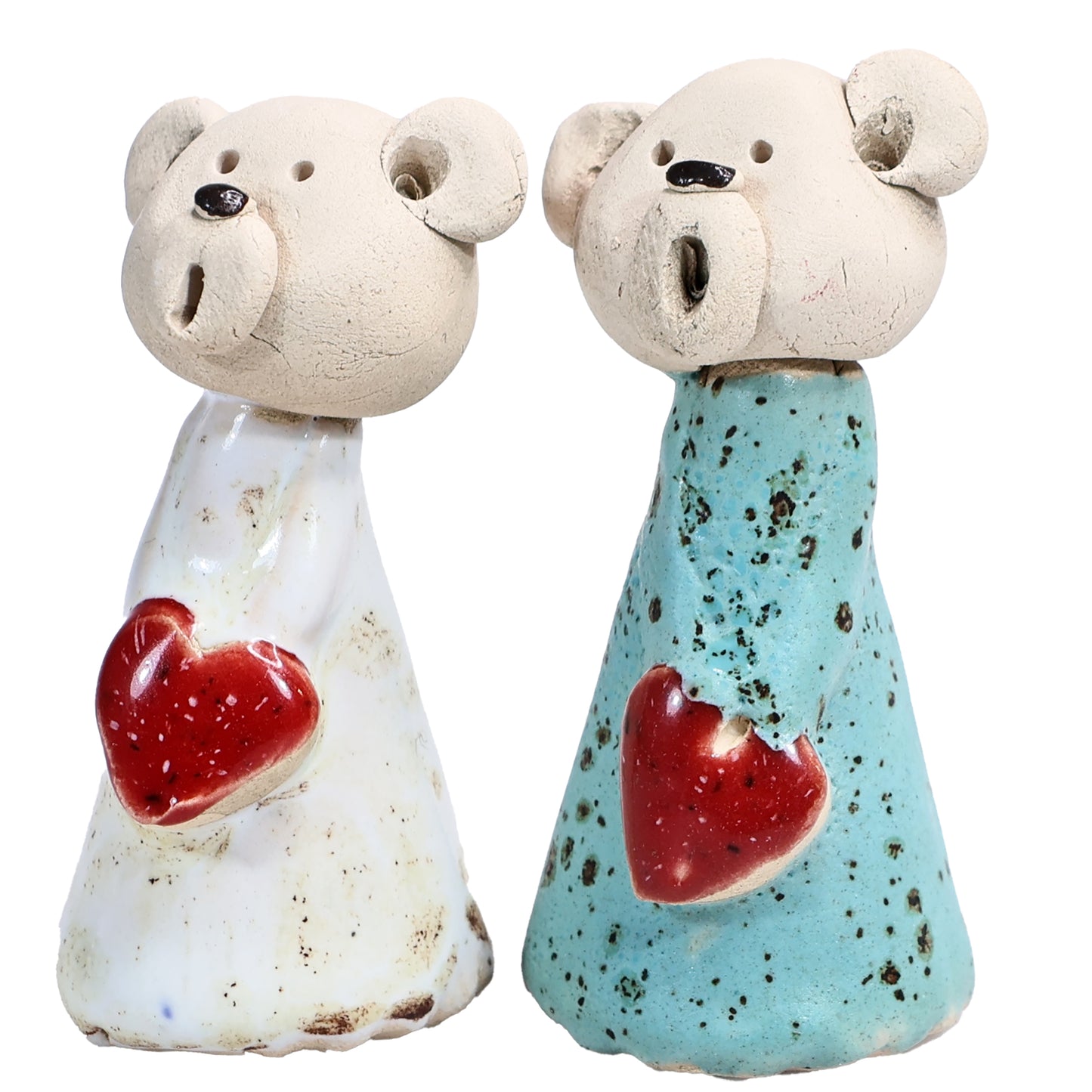Handmade Ceramic Teddy Bear Couple in White & Turquoise with Red Hearts