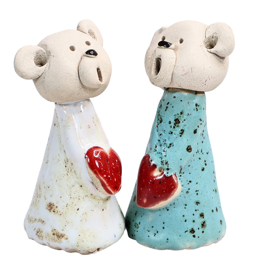 Handmade Ceramic Teddy Bear Couple in White & Turquoise with Red Hearts