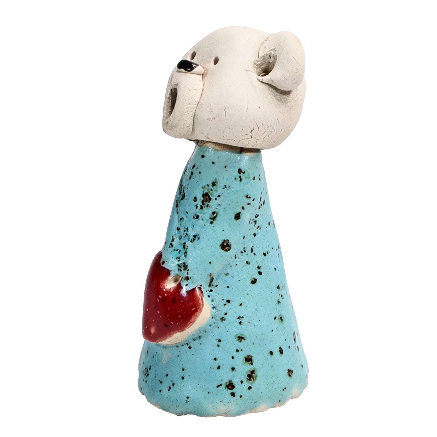 Handmade Ceramic Teddy Bear Couple in White & Turquoise with Red Hearts