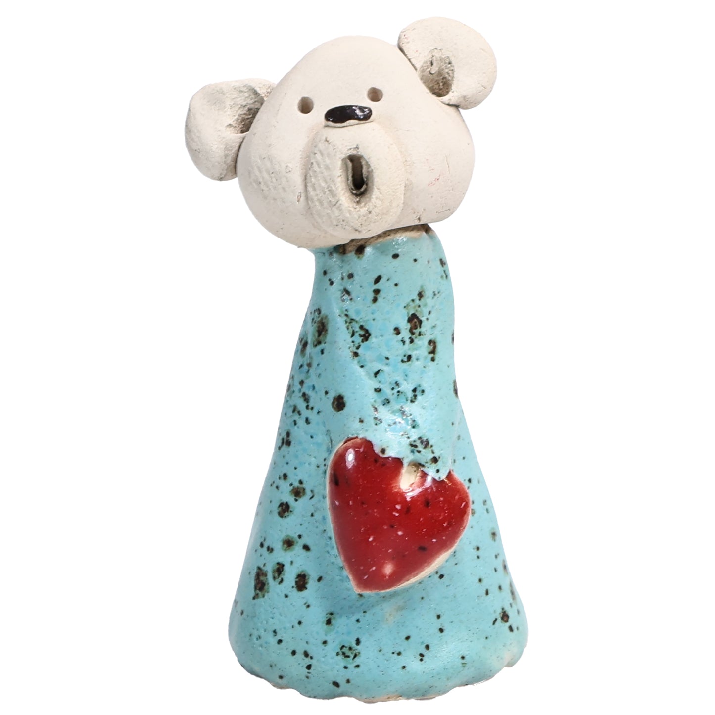Handmade Ceramic Teddy Bear Couple in White & Turquoise with Red Hearts
