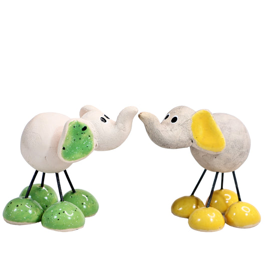 Handmade Ceramic Baby Elephant Couple in Yellow & Green