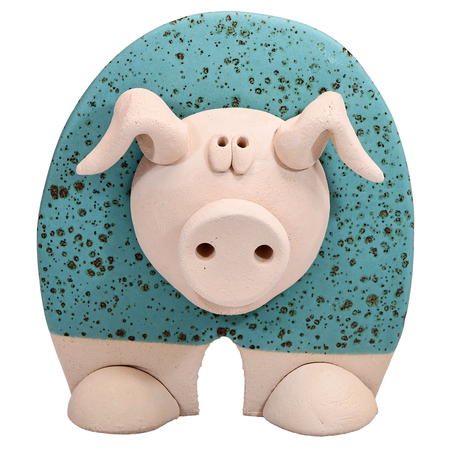 Handmade Ceramic Flat Pig Figurine in Turquoise, Pink, Terracotta Orange