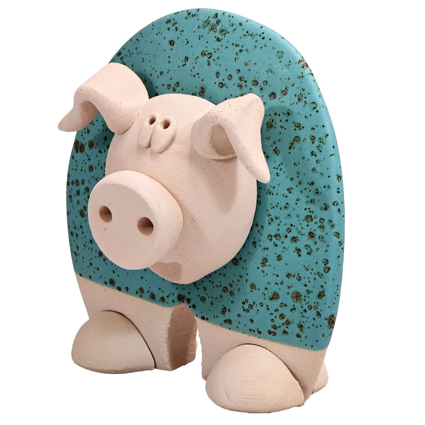 Handmade Ceramic Flat Pig Figurine in Turquoise, Pink, Terracotta Orange