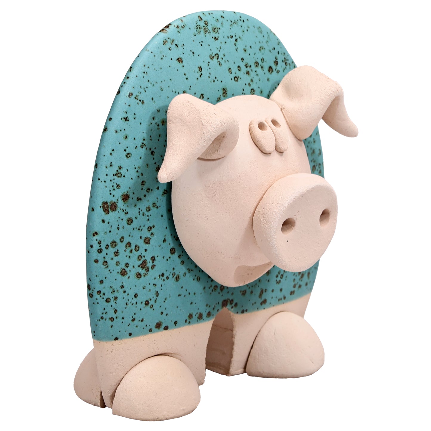 Handmade Ceramic Flat Pig Figurine in Turquoise, Pink, Terracotta Orange