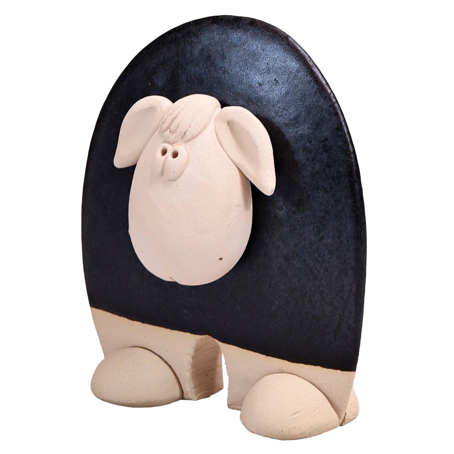 Handmade Ceramic Flat Sheep Figurine in Black, Pink, White Daisy Accent