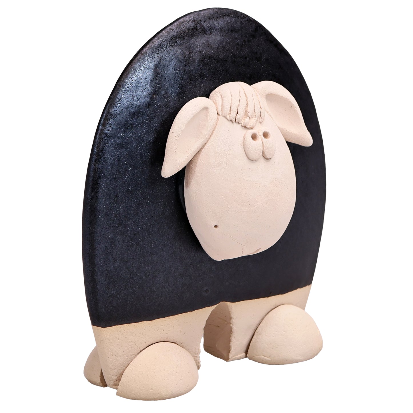Handmade Ceramic Flat Sheep Figurine in Black, Pink, White Daisy Accent