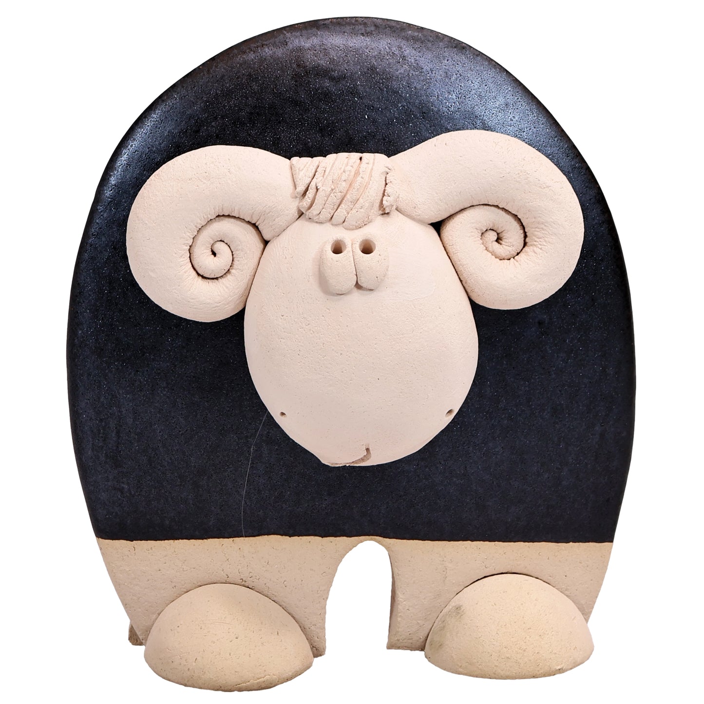 Handmade Ceramic Ram Figurine in Black, Navy Blue, Terracotta Orange