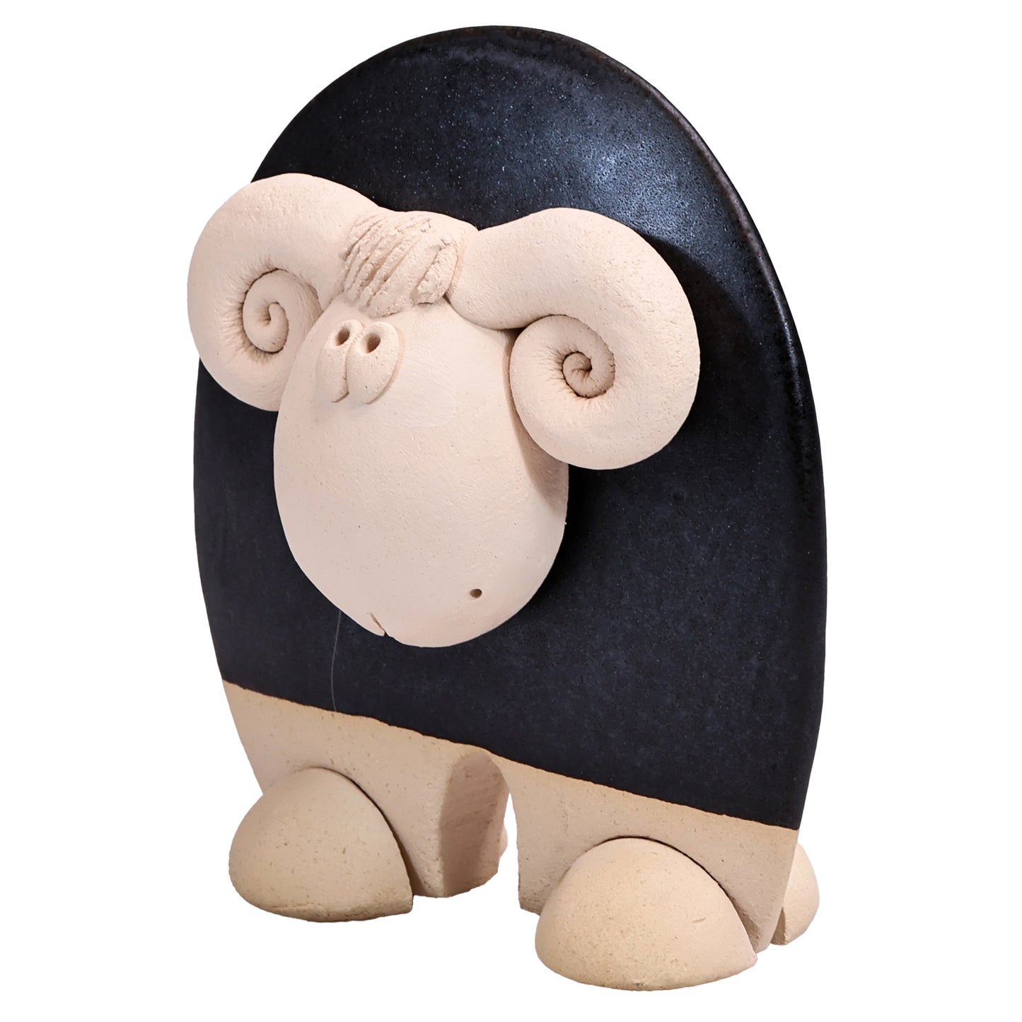 Handmade Ceramic Ram Figurine in Black, Navy Blue, Terracotta Orange