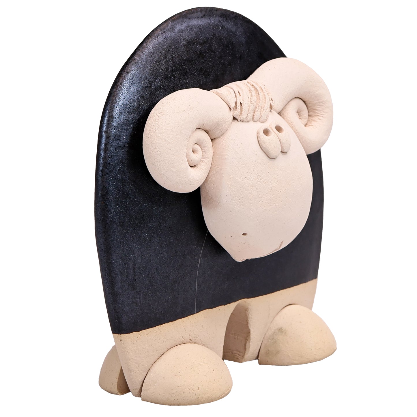 Handmade Ceramic Ram Figurine in Black, Navy Blue, Terracotta Orange