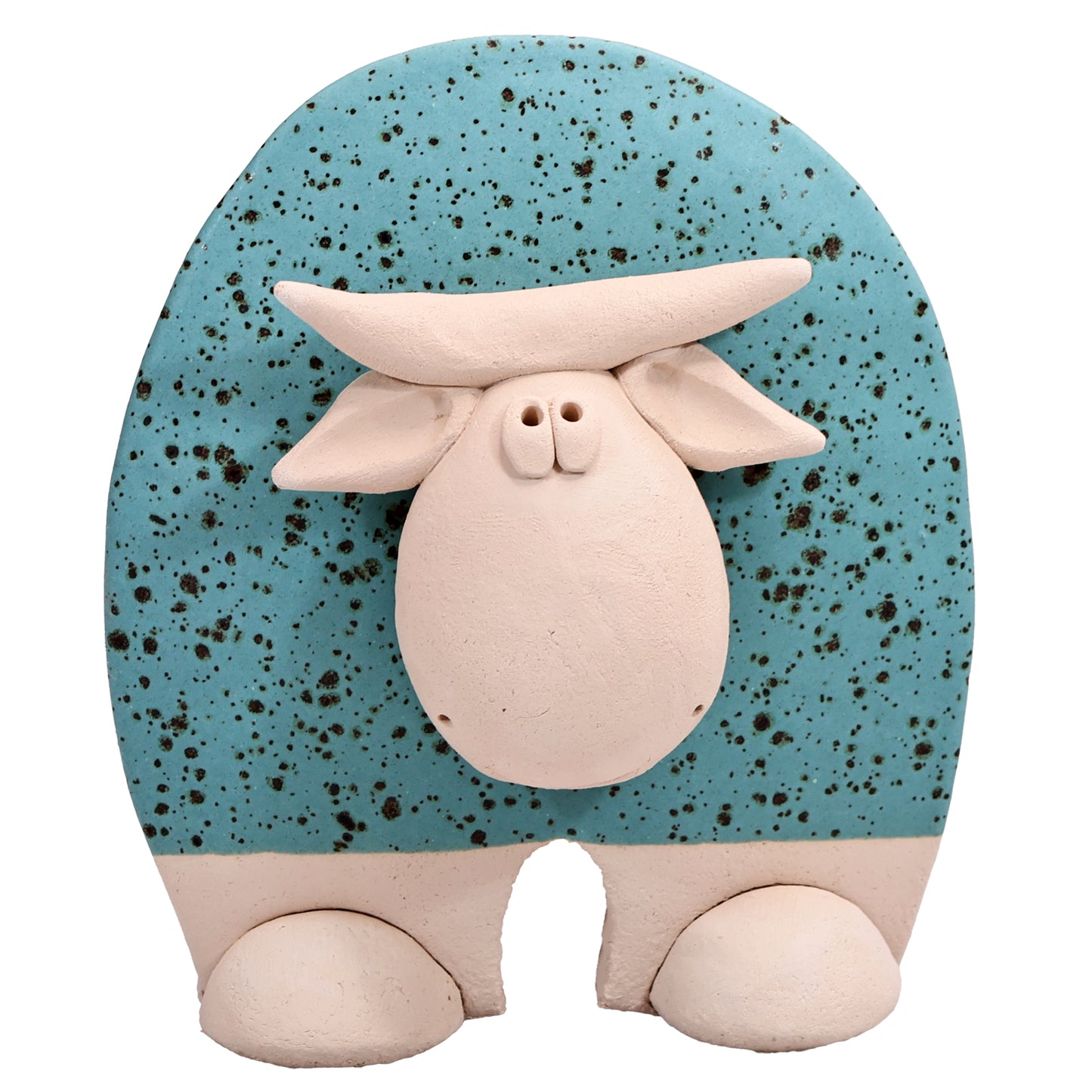 Handmade Ceramic Flat Cow Figurine in Black, Turquoise, Terracotta Orange