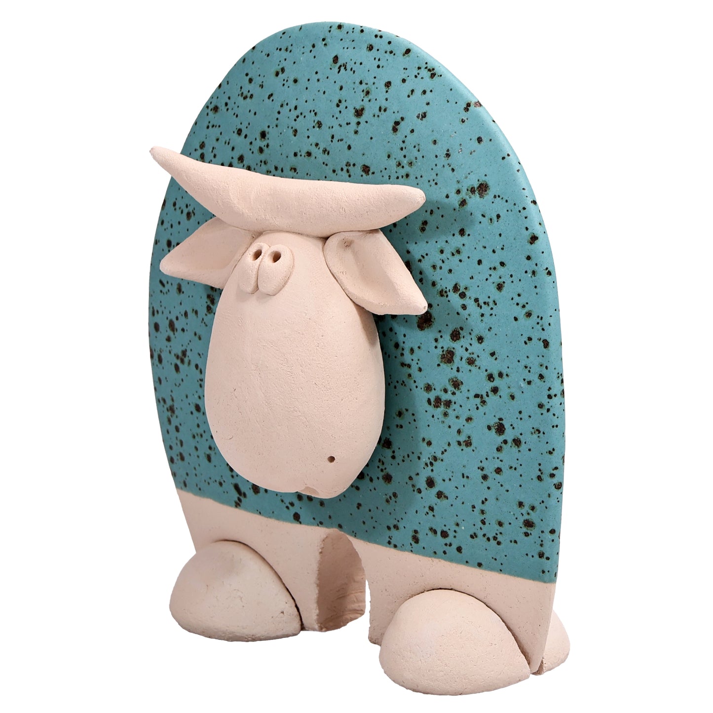 Handmade Ceramic Flat Cow Figurine in Black, Turquoise, Terracotta Orange