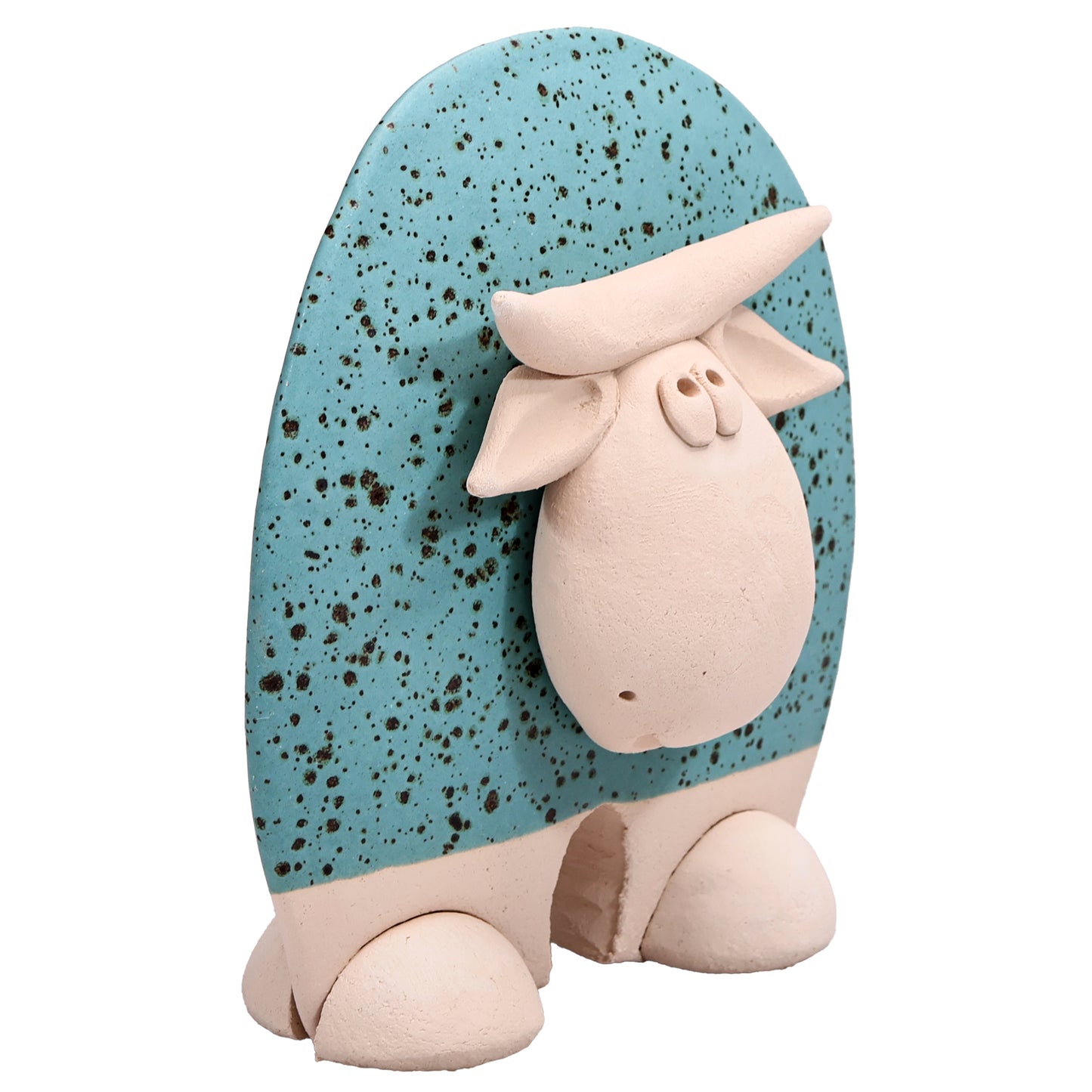 Handmade Ceramic Flat Cow Figurine in Black, Turquoise, Terracotta Orange