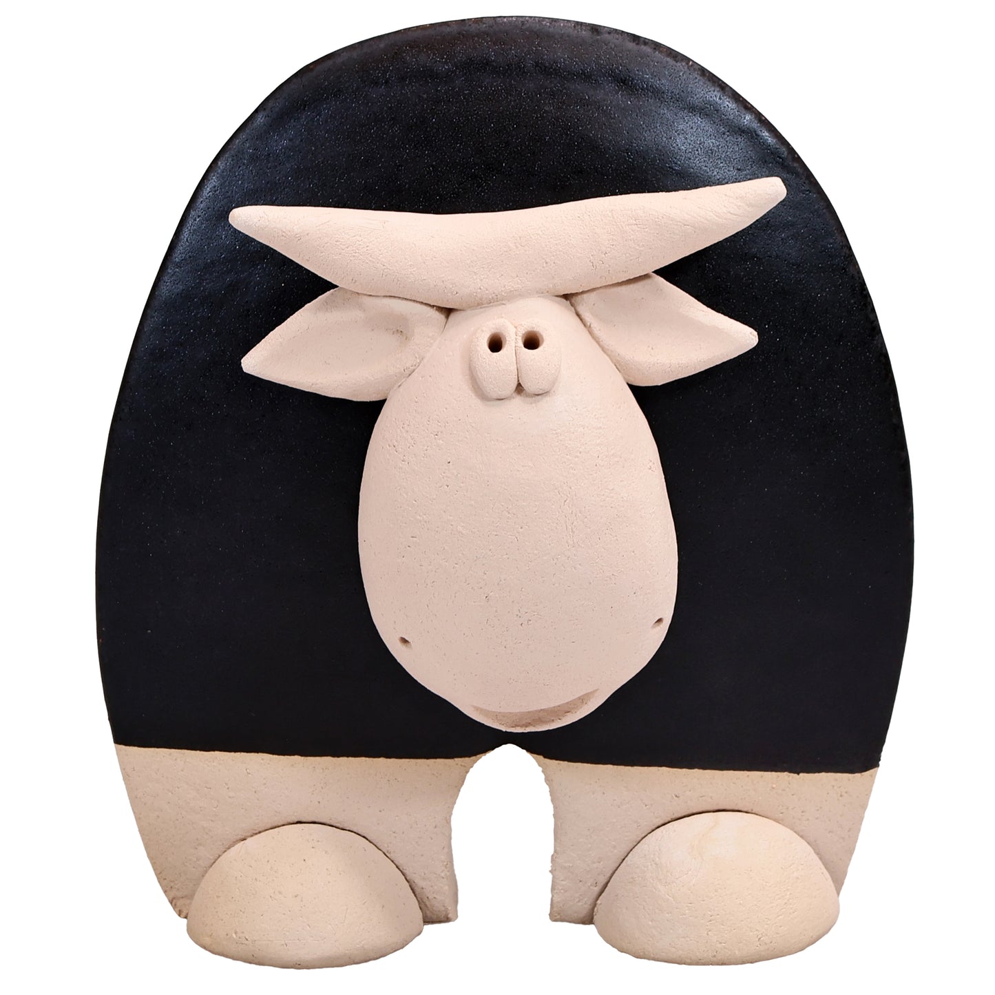Handmade Ceramic Flat Cow Figurine in Black, Turquoise, Terracotta Orange