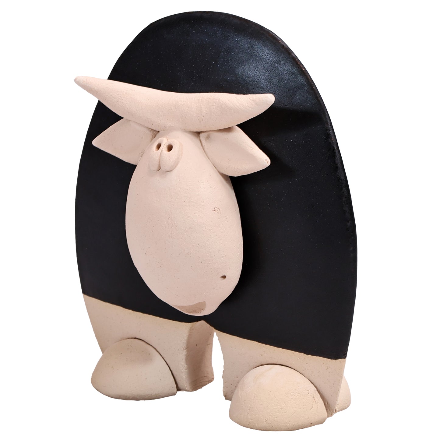 Handmade Ceramic Flat Cow Figurine in Black, Turquoise, Terracotta Orange