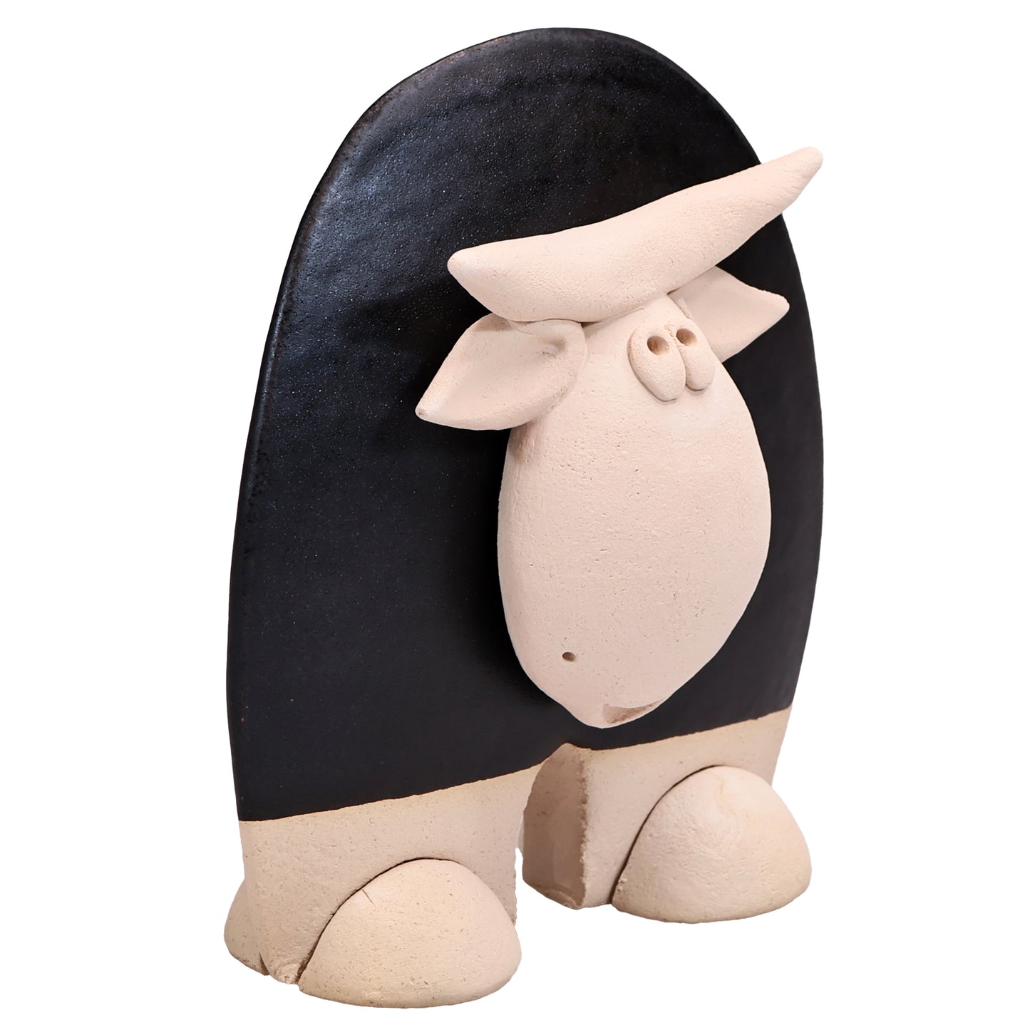 Handmade Ceramic Flat Cow Figurine in Black, Turquoise, Terracotta Orange