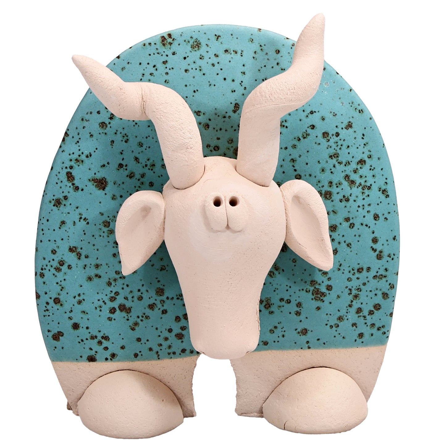 Handmade Ceramic Flat Goat Figurine in Turquoise, Lemon Yellow, White Daisy