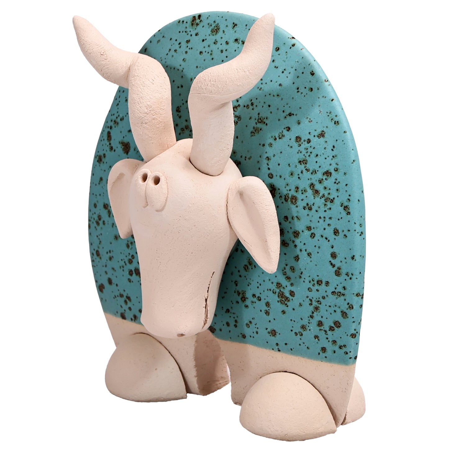 Handmade Ceramic Flat Goat Figurine in Turquoise, Lemon Yellow, White Daisy
