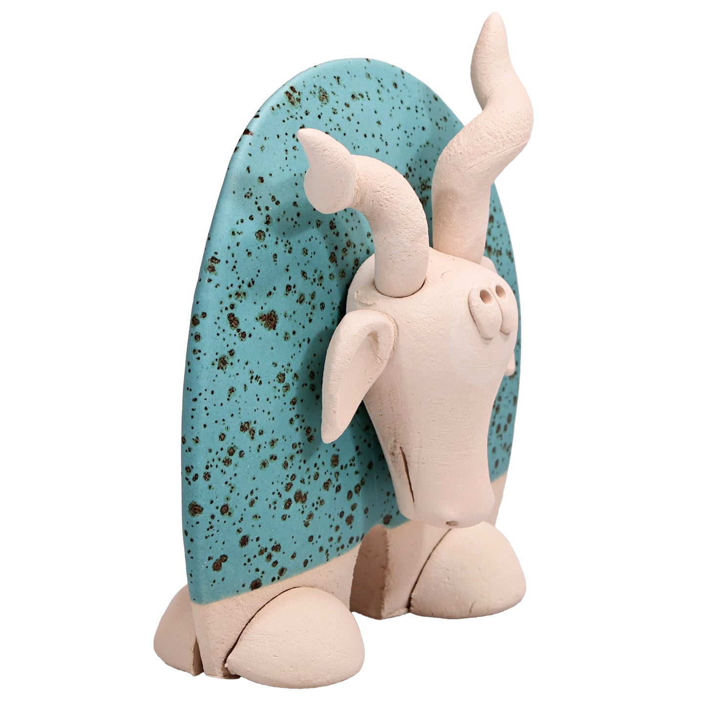 Handmade Ceramic Flat Goat Figurine in Turquoise, Lemon Yellow, White Daisy