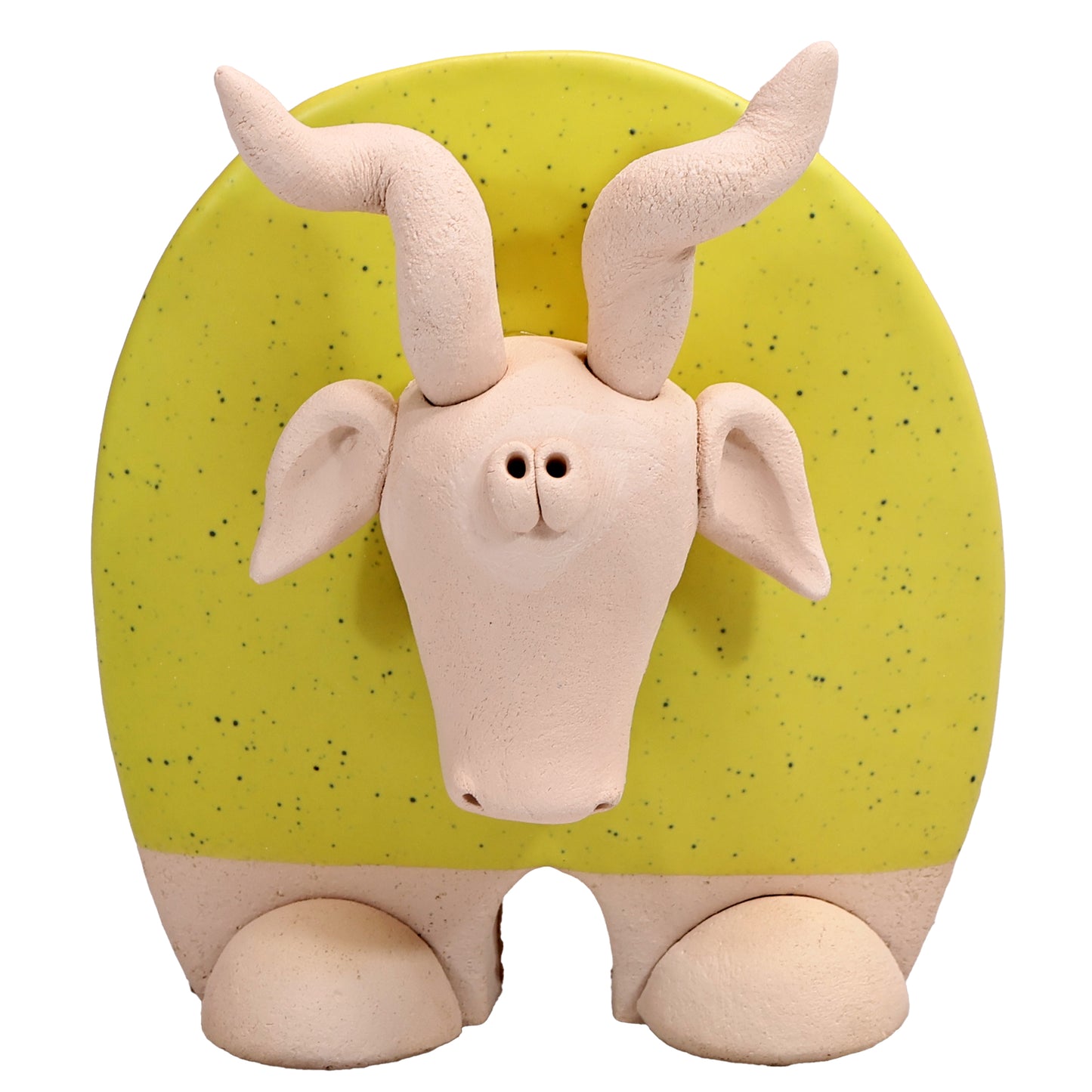 Handmade Ceramic Flat Goat Figurine in Turquoise, Lemon Yellow, White Daisy